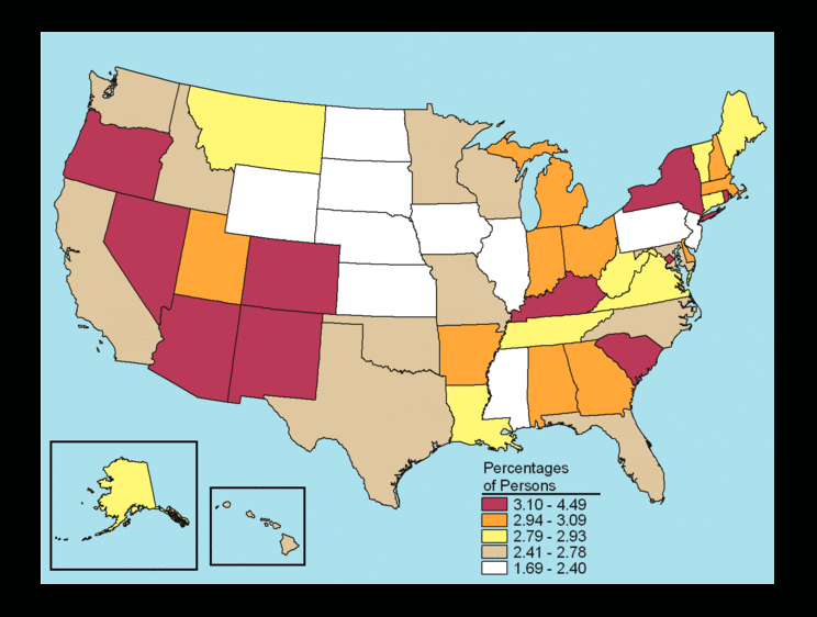 Percent of Population Engaged in Illicit Drug Abuse, by state, 2006- 2008